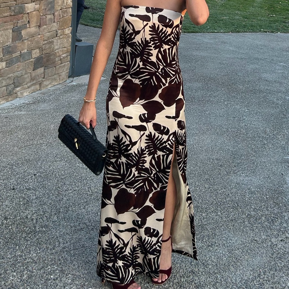 COPY- NICHOLAS Strapless Tropical Print Maxi Dress in Cream and Brown